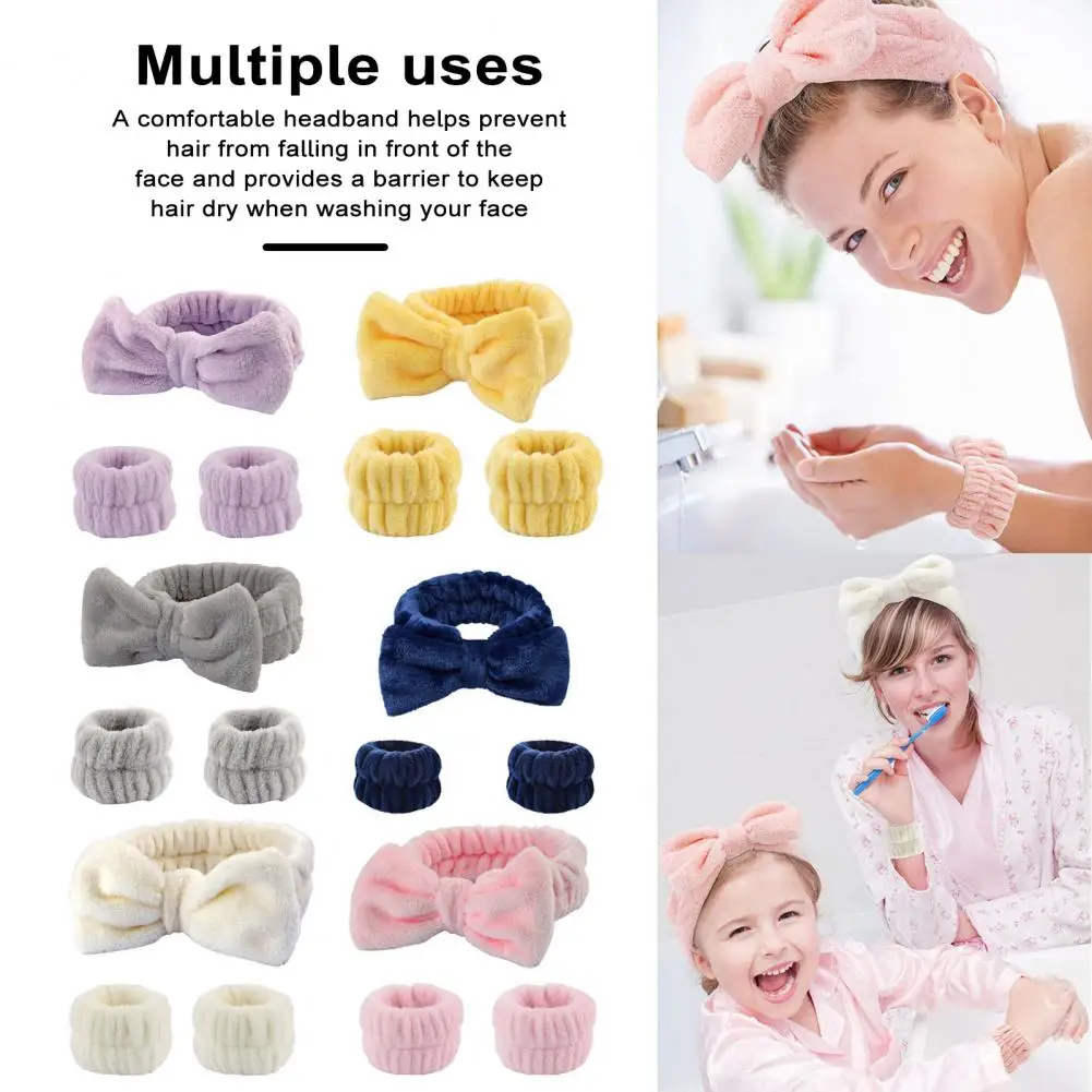 Face Wash Hair Band Soft Comfortable Spa Headband Bowknot Headband Wristbands Set Wrist Washband Towel Wristbands Hair Headband