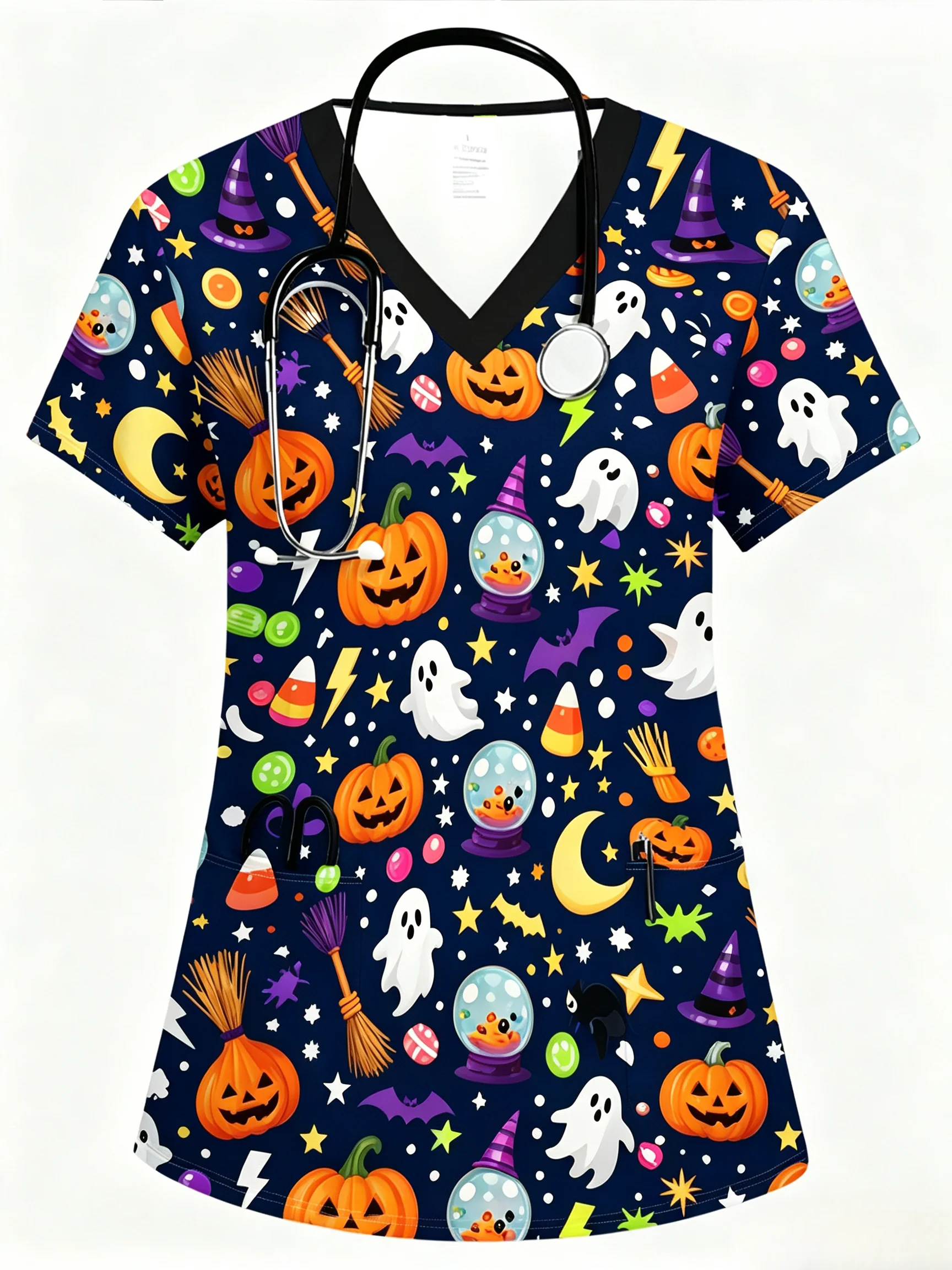 Damen-Halloween-Oberteil mit Aufdruck, Kürbis-Geister-Fledermaus-Muster, V-Ausschnitt, kurzärmelige Krankenschwester-Arbeitsuniform mit Taschen. – Detail 8