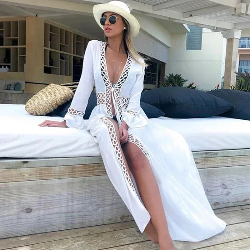 2024 New summer beach blouse round hole lace holiday sun protection cardigan bikini beach dress women