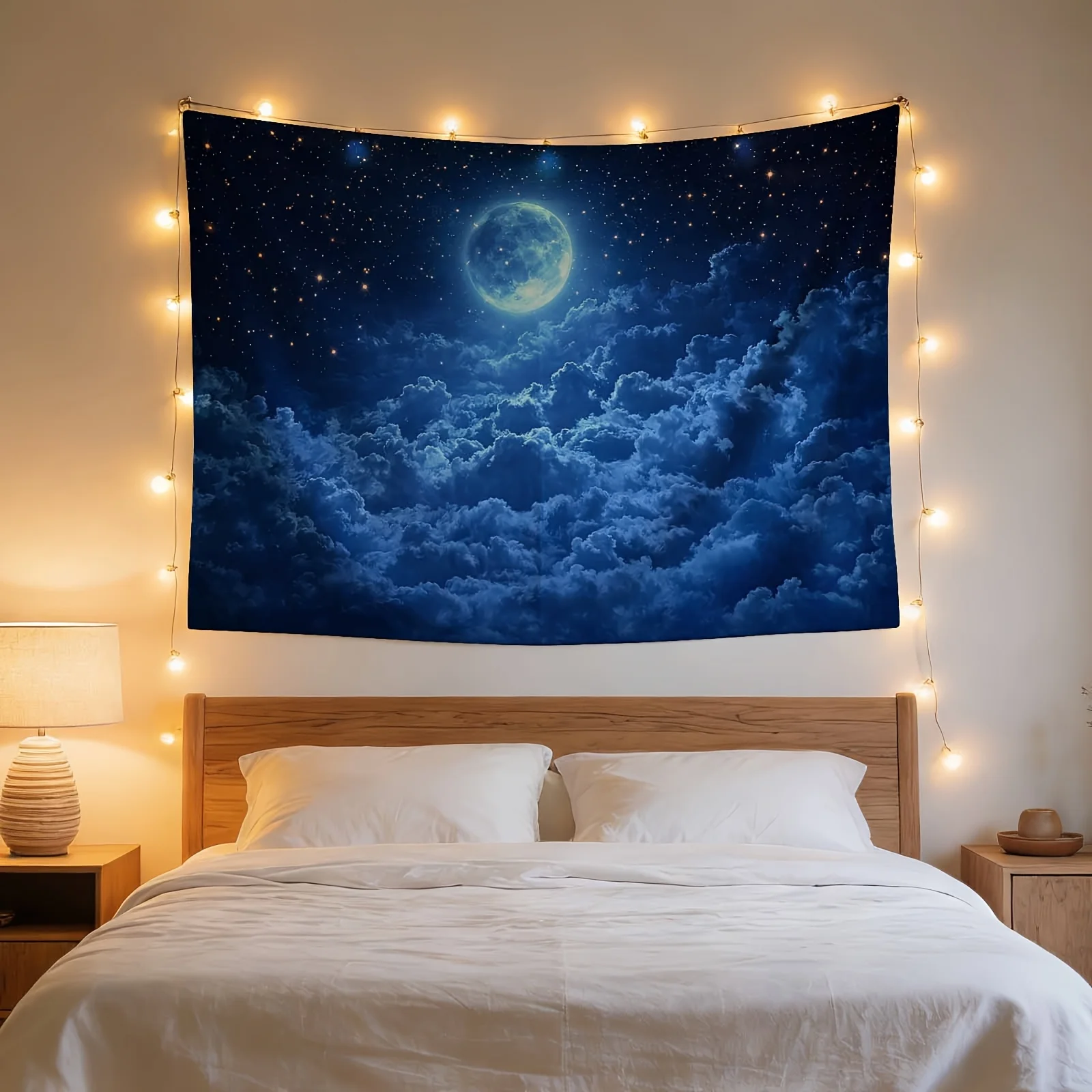 Luxurious Moon Night Sky Tapestry Wall Hanging Decor Galaxy Stars Space Cosmic Celestial Blue Backdrop for Bedroom Living Room H
