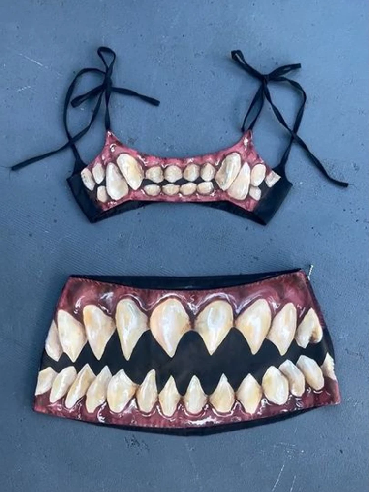 

Y2K American Fun and Scary Party Bikini Set with Tooth Pattern Strap Bikini Fashion Two Piece Set