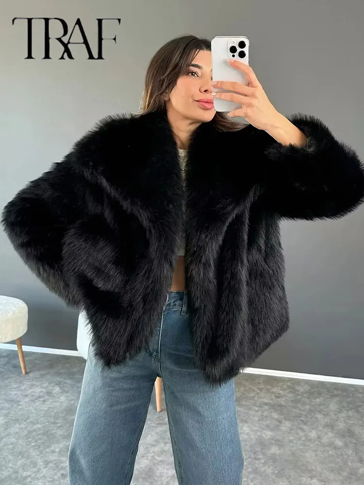 TRAF 2024 Women Fashion Cropped Faux Fur Jacket Coat Long Sleeve Front Snap-button Female Outerwear Chic Lapel Collar Thick Coat