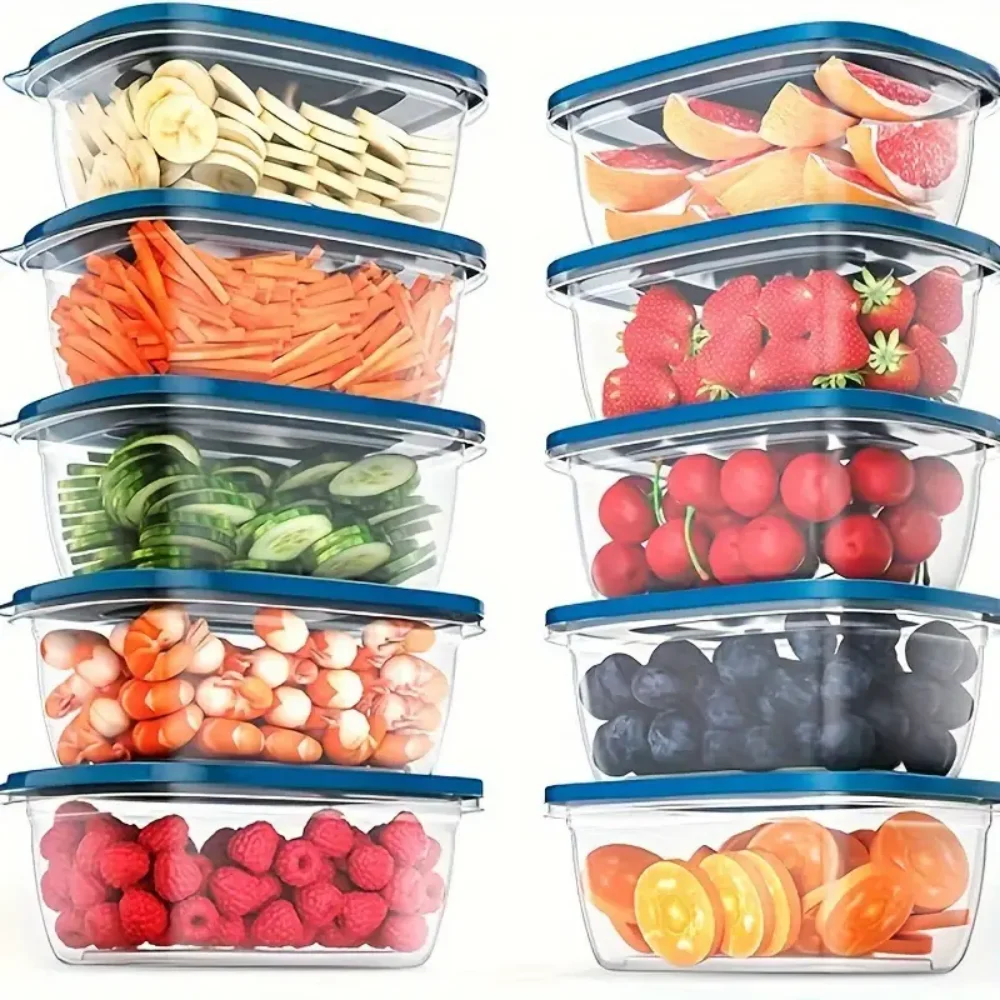 Six 709-milliliter rectangular plastic food containers with colorful LIDS, lunch boxes, suitable for storing fruits and food