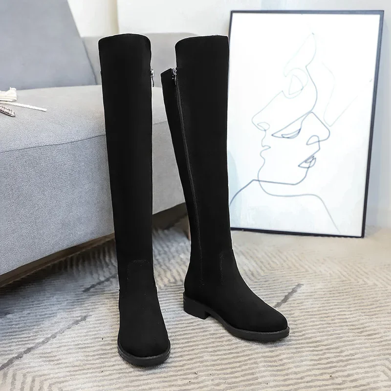 Women Over The Knee Boots Low Square Heels Slim Long Boots Black Lady Winter Shoes Big Size Vc4932