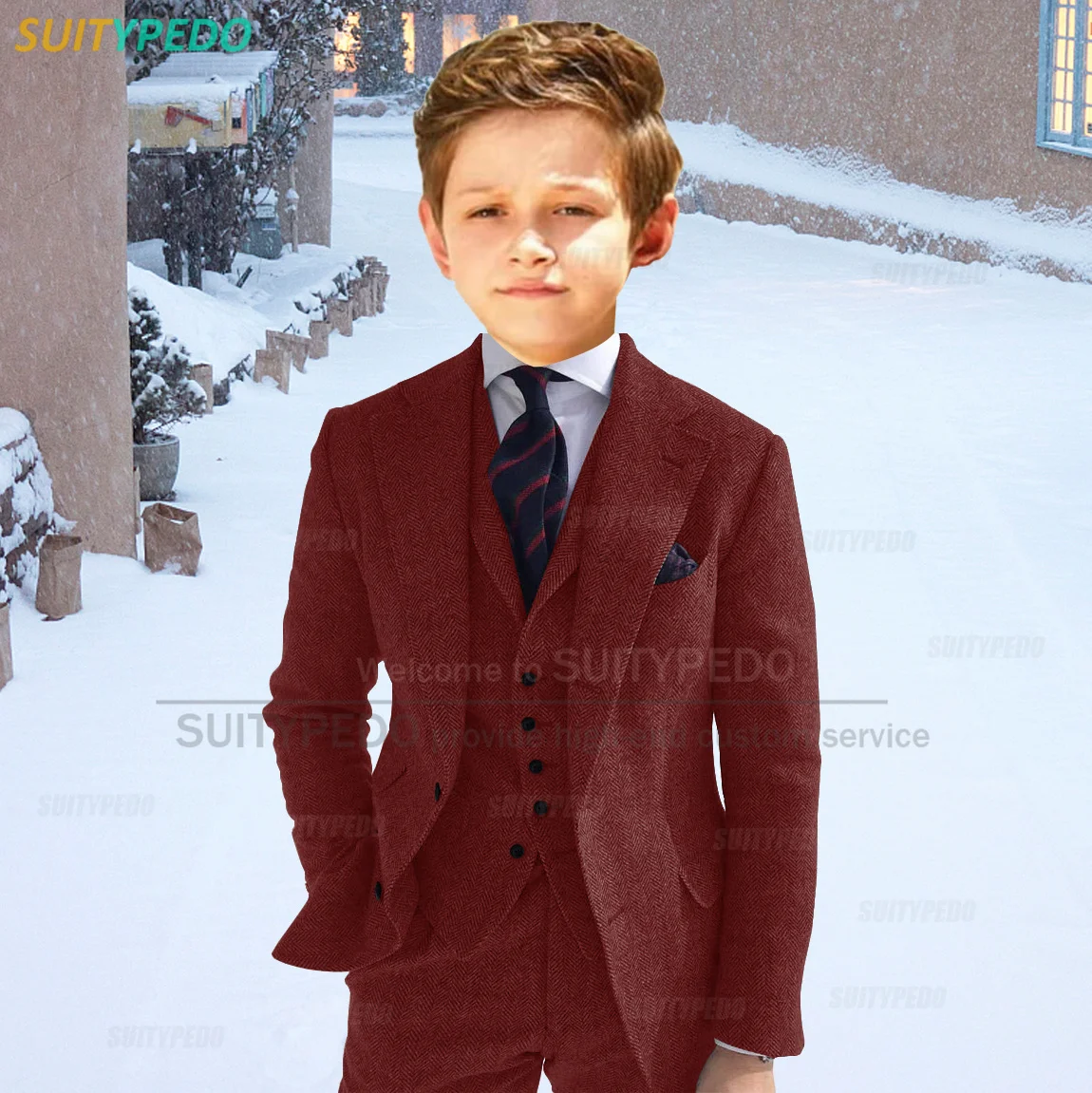 2025 New Wine Red Herringbone Kid Boy Suit Set School Classic Festival Party Children Fashion Notch Lapel Blazer Formal Outfits