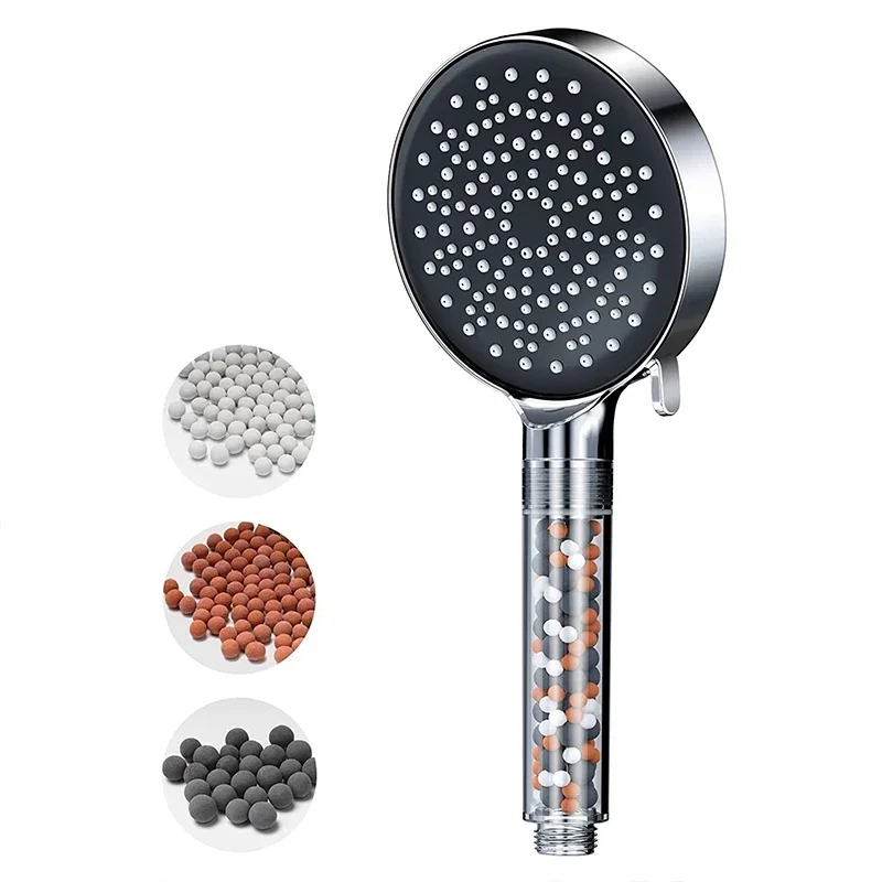 Water Saving Six Functions High Press Shower Head Handheld Powerful Flow Shower Heads with Beads Filter Pressure Boost