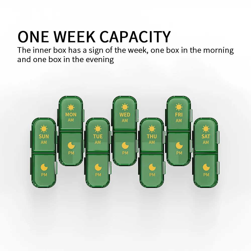 7 Day Weekly Pill Box, Portable Pill Organizer with 14/21 Compartments, Dustproof Medicine Storage Container