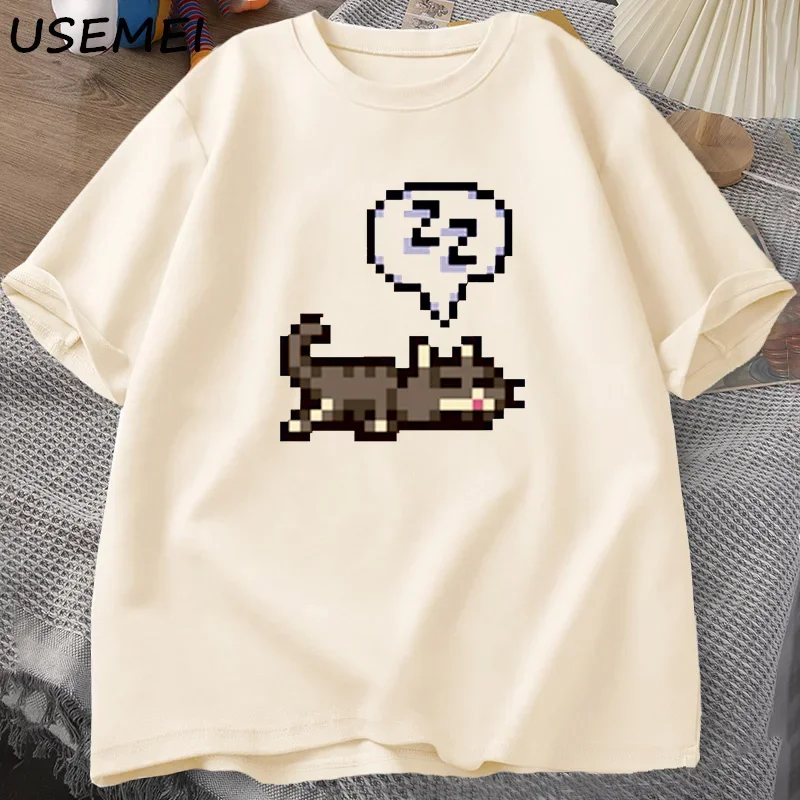 Stardew Valley Sleeping Cat Sploot Graphic T Shirts Men Casual Funny Short Sleeve T-shirt Unisex Cotton Tees Men\'s Clothing