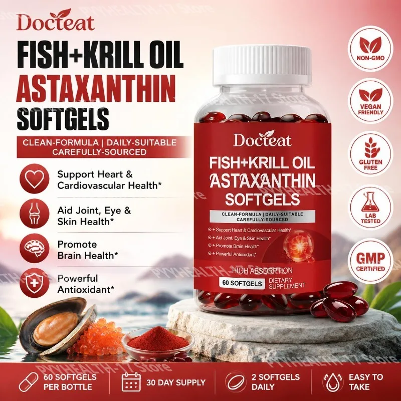 Docteat Fish + Krill Oil Astaxanthin Softgels High Absorption Support Joint Eye & Skin Health Promote Brain Health 60 Softgels