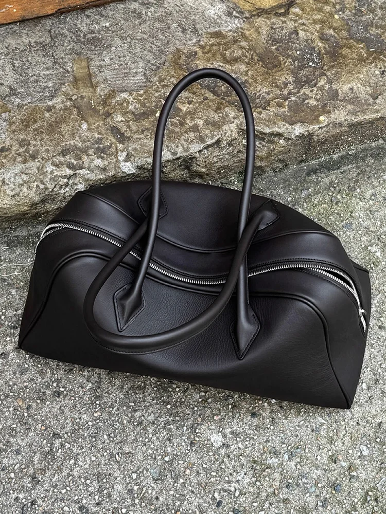 

Large Capaci Genuine Leather Tote Bag Women's 2025 New Vintage Commuter Single oulder Bowling Boston Bag American Retro S...