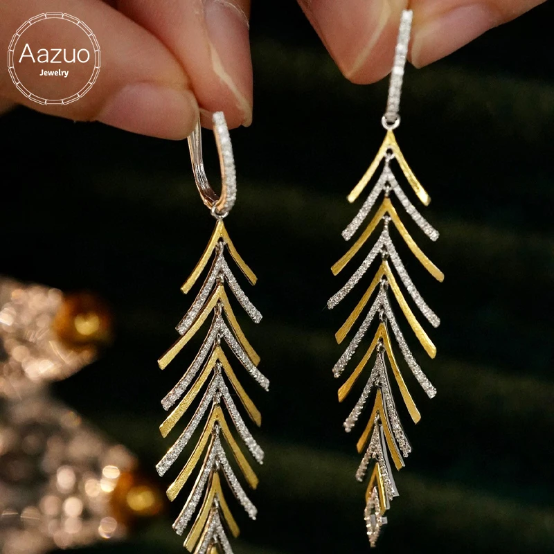 Aazuo Luxury Jewelry 18K Yellow & White Gold Real Diamonds 0.78ct Birthday Gift Leaves Hook Earrings For Women Senior Banquet