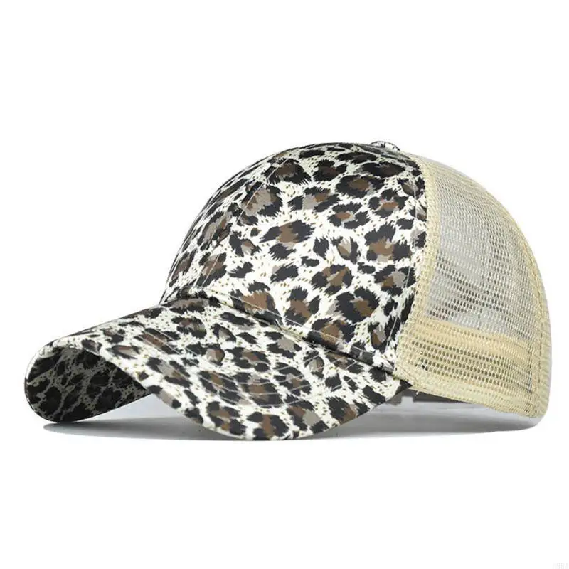 

P88A Women Summer Mesh Back Ponytail Messy Baseball Cap Vintage Leopard Stripes Printed Adjustable for Snapback Trucker