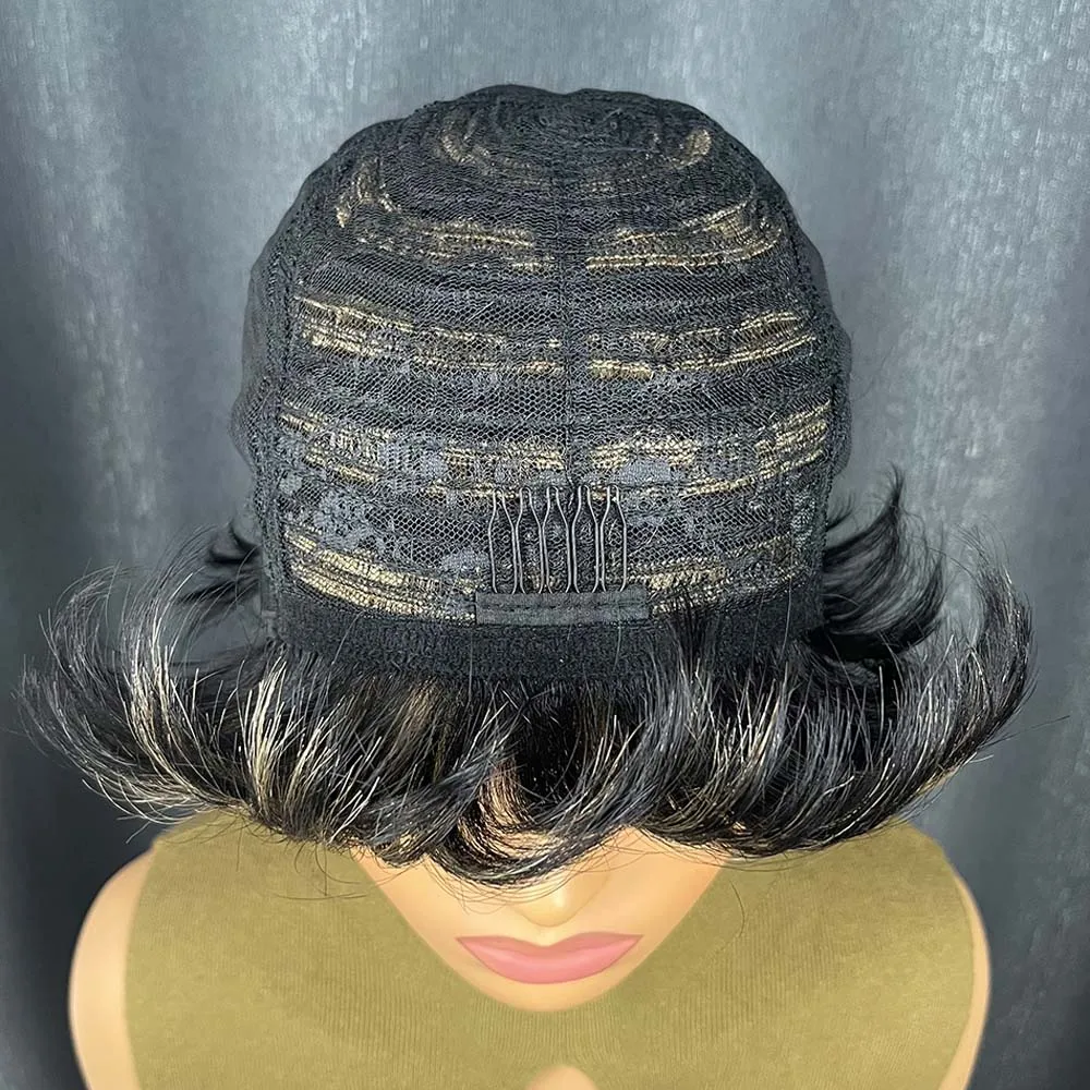 Pelucas de cabello humano Pixie para mujeres negras, reflejos rubios, cabello humano Remy corto y recto, peluca hecha a máquina con flequillo