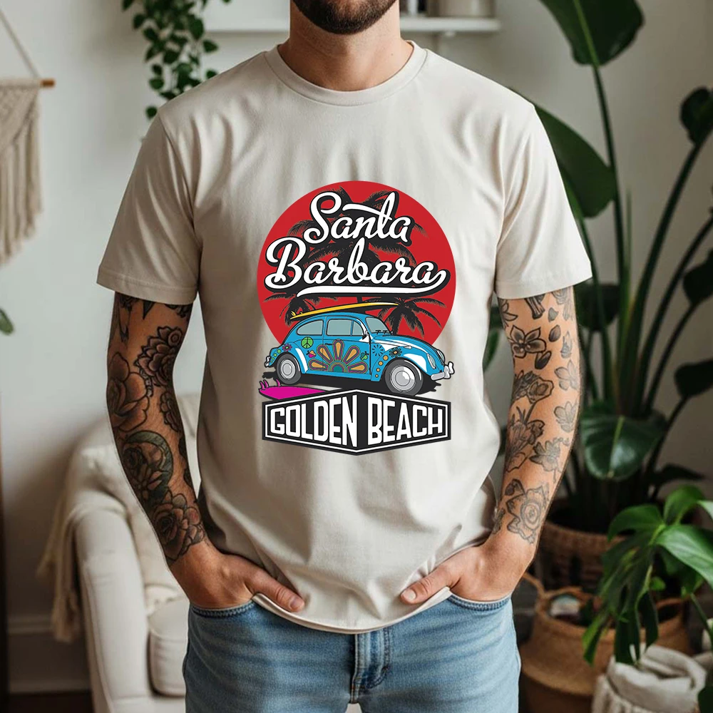 Camiseta de Praia Retro Santa Bárbara 100% Algodão Estilo Carro Beetle Oversized Respirável Casual de Manga Curta
