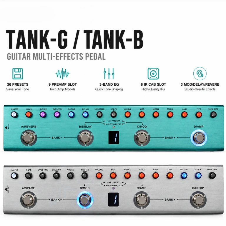 Tank-G/B Guitar Multi-Effects Pedal 36 Presets,9 Preamp Slot,3-Band EQ,8 IR Cab Slot,3 Modulation/Delay/Reverb Effect