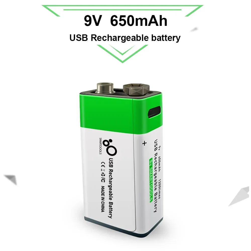 9V Rechargeable Li-Ion Battery 650mAh Type-C Charging 1.5h Rapid Recharge Ecofriendly Batteries for Metal Detector Flashlight