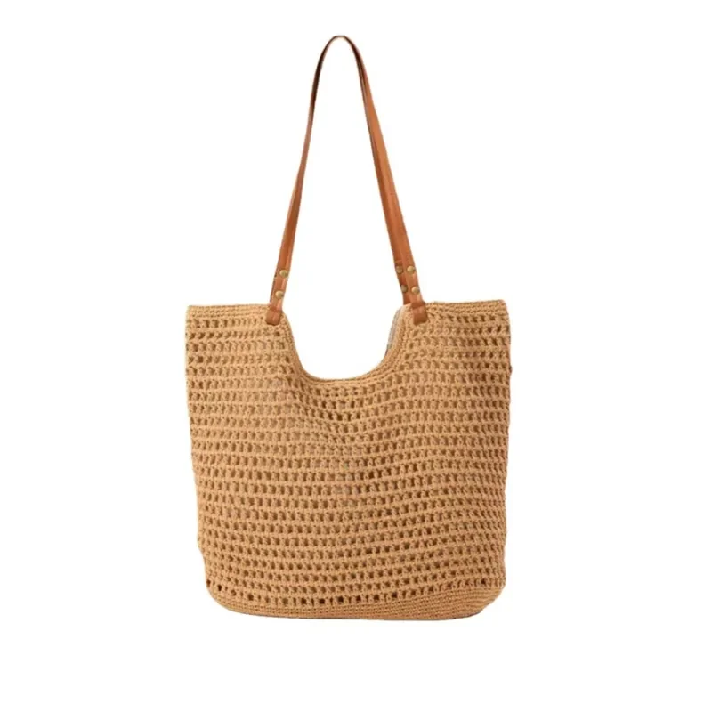 Women's hand-woven straw tote bag made of premium cotton thread large capacity shoulder bag for vacation and beach - view 5