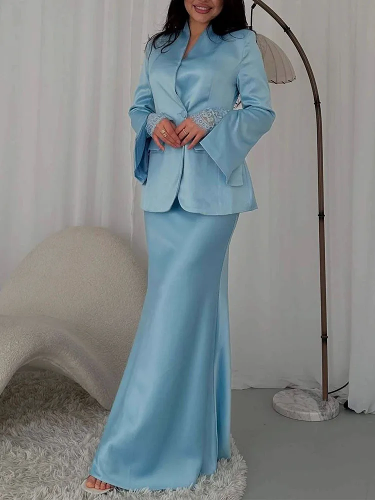 

Autumn and winter new casual design slim fit suit temperament solid color suit jacket+satin long skirt set