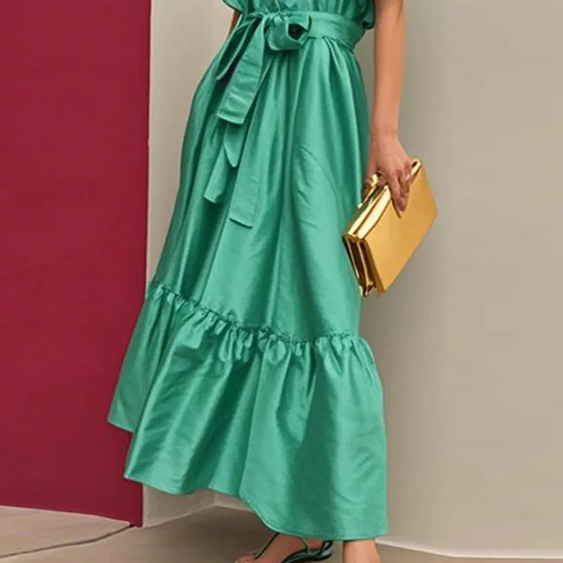 Sukienka koszulowa z kołnierzykiem, wiązana, w stylu casual, modna, z temperamentem, jednolita, z wysokim stanem, z falbanką w kształcie liścia lotosu, z krótkim rękawem, letnia.