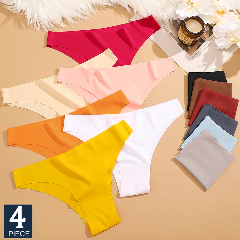 

FINETOO 4Pcs/Set Ice Silk Seamless Underwear Low Waisted Brazilian Pants Breathable High Elasticity Lingerie Intimates Panties