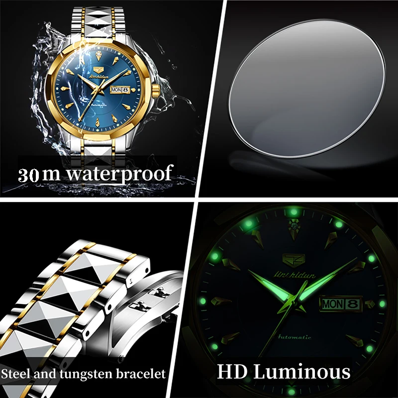 JSDUN Brand New Fashion Men Blue Mechanical Watch Stainless Steel Waterproof Luminous Business Mens Watches Relogio Masculino