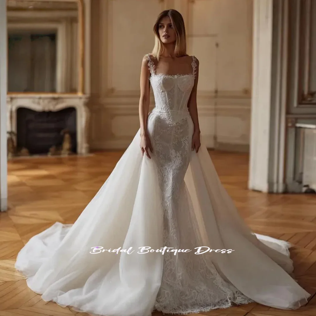 تخصيص مثير حورية البحر فساتين حفلات الزفاف الأشرطة Vestido De Novia الدانتيل والتطريز انفصال قطار ثوب الزفاف #1