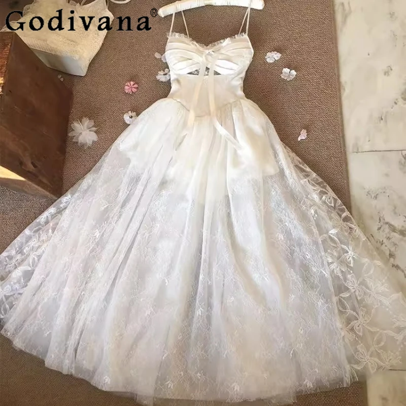 

Summer New Princess Dress for Women French Style White Sleeveless Lolita Dress Female Japanese Waist Cinching Party Dress