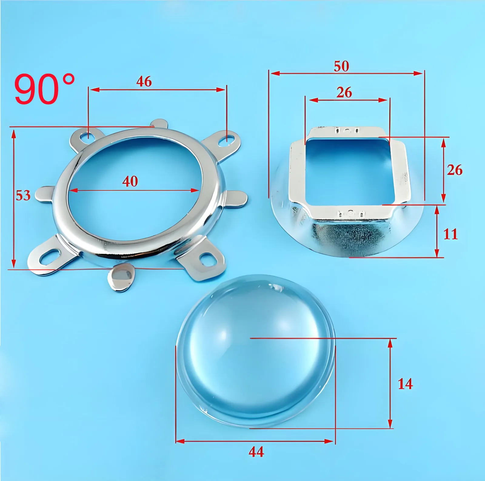 20W-100W LED عدسة كيت 44mm عدسة زجاجية بصرية عاكس كأس شرائح تثبيت