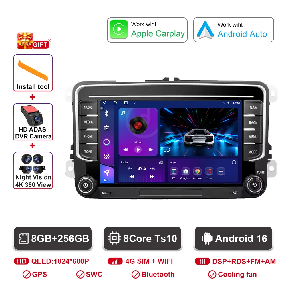 Auto radio voor VW Skoda Golf Touran Passat B6 B7 Polo Android Auto Multimedia Videospeler GPS Carplay BT QLED Scherm Stereo WIFI