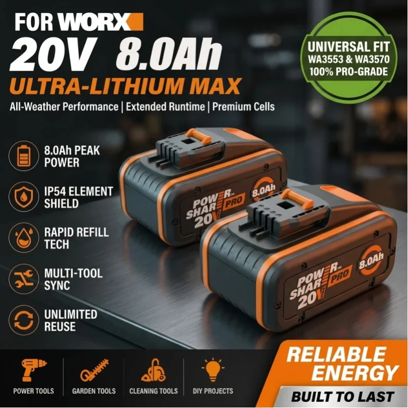 Für WORX 20V 8000mAh Lithium-Ionen-Akku mit schneller Aufladung, geeignet für WORX 5-poligen WA3525 20V Akku-Elektrowerkzeug-Schraubendreher-Akku-Ersatz