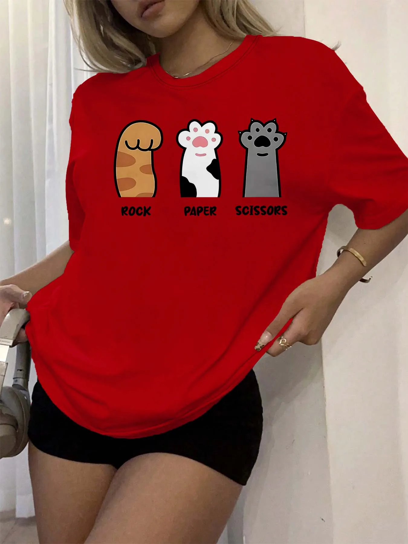 Women's Casual Short-sleeved Top Printed with Rock-paper-scissors and Cat Paw Patterns.women Clothing Fashion Summer Streetwear