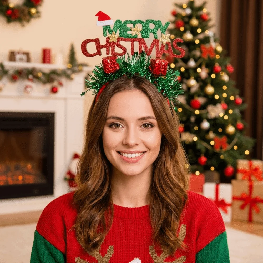 Cute Shiny Christmas Headband Rain Threads Letter Xmas Tree Hairband Ball Hair Accessories Sequin Hair Hoop Party