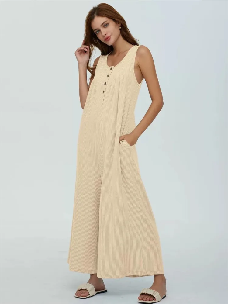 

Women's Spring Summer New Solid Color Fashion Button Sexy U Neck Sleeveless Casual Women's Pocket Jumpsuit