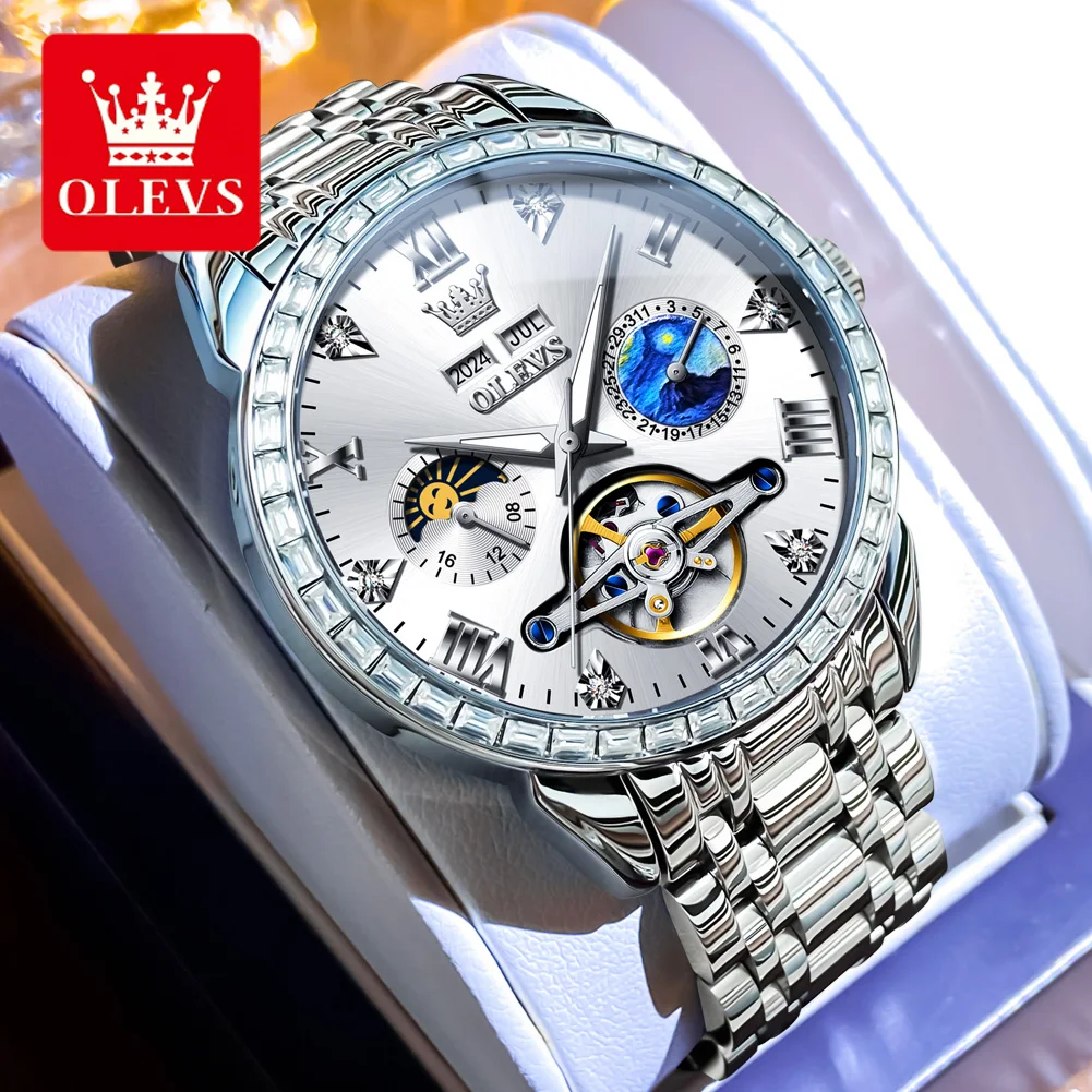 OLEVS 6712 Original Moon Phase Men Automatic Watch Hollow Skeleton Date Mechanical Watch For Men Waterproof Luxury Wristwatch