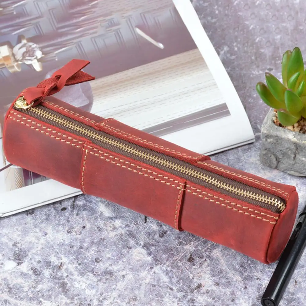 Large Capacity Pencil Case Large Capacity Faux Leather Pencil Case Retro Zipper Closure Stationery Storage Pouch for Students