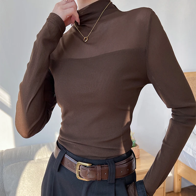 Women Half High Collar Long Sleeves T-shirt Lady Top Autumn/Winter Fashion Commute Mesh Spliced Elastic Pullover Female Clothes