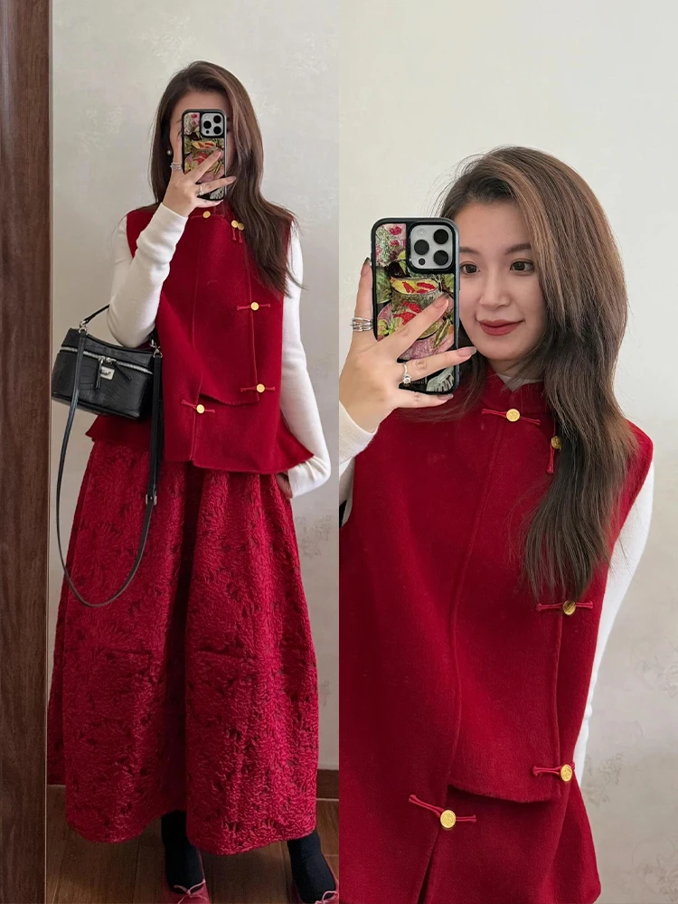 

Red National Style Vest Base Shirt Puffy Skirt Festive Three-piece Set Spring 2026 Fashion Women's Clothing Ensemble