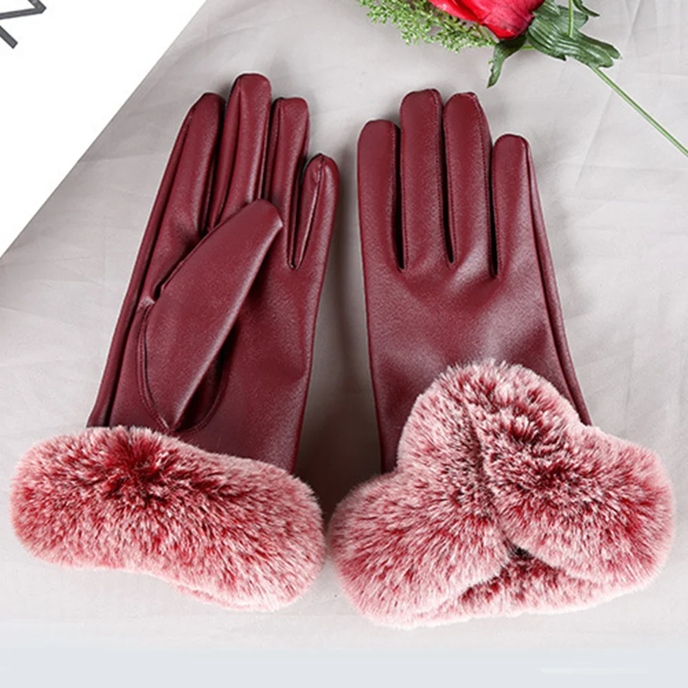

1Pair Red Woman Winter Gloves Windproof PU Touch Screen Keep Warm Outdoor Cycling Fashion Gloves Touch Screen Glove