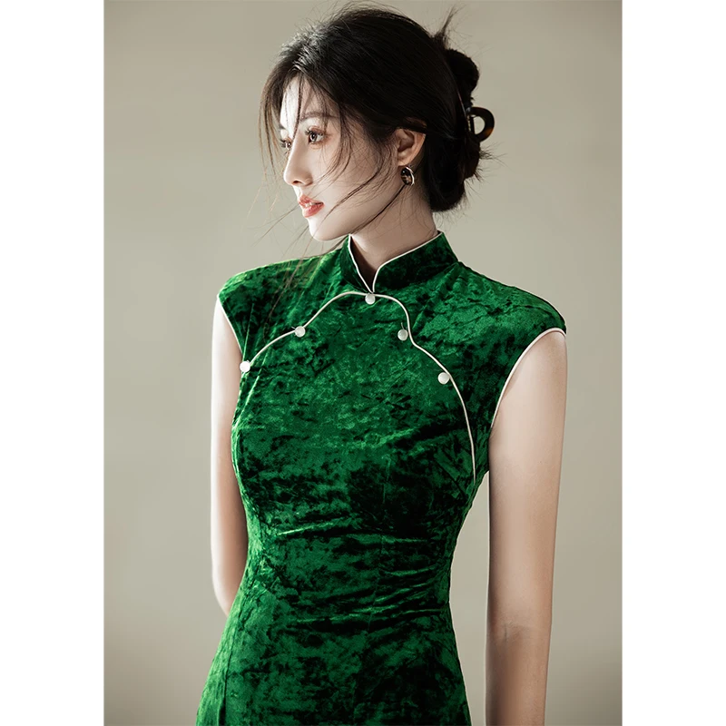 

Ele Simple een Velvet Qipao Women's Faion ow Performance Low Slit ort Sve Pure Color Daily Wear High End Feel