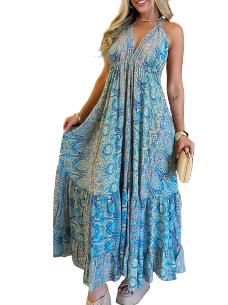 

Sexy Deep V Neck Dress Lady Fashion Print Halter Sleeveless Backless Loose Dress For Women Casual Beach Holiday Skirt Robe Femme