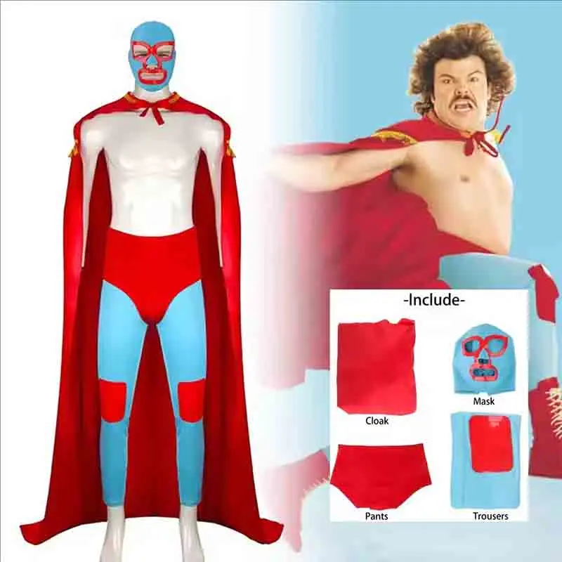 Disfraz de Nacho Libre, Máscara de Lucha Libre, Uniforme, Traje con Capa Roja, Mono, para Adultos, Hombres, Halloween