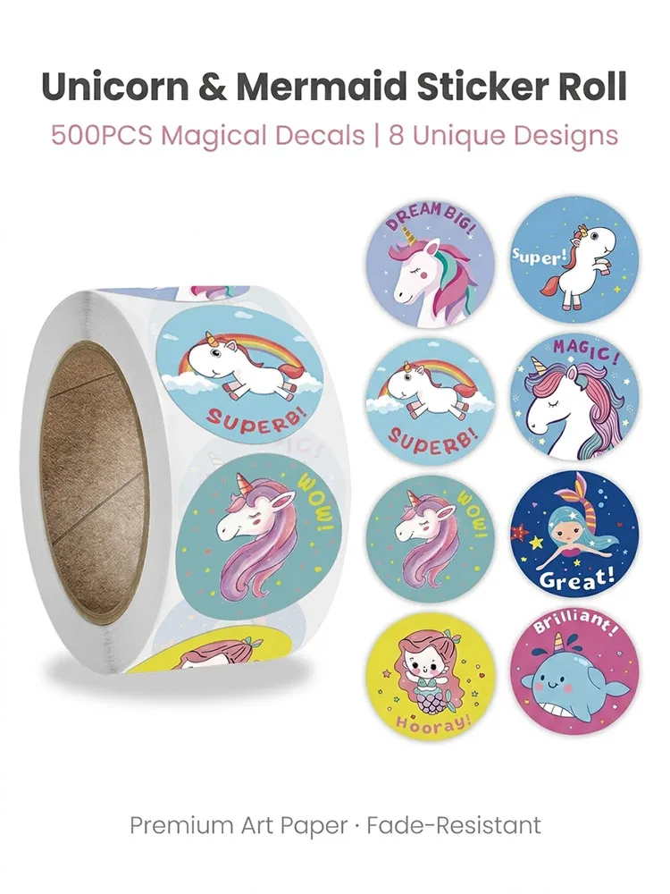 500Pcs Unicorn&Mermaid Sticker Roll 2.5cm/1.0in Party Favors Art Decals Stationery Labels Gift Sealing&Packaging Supplies