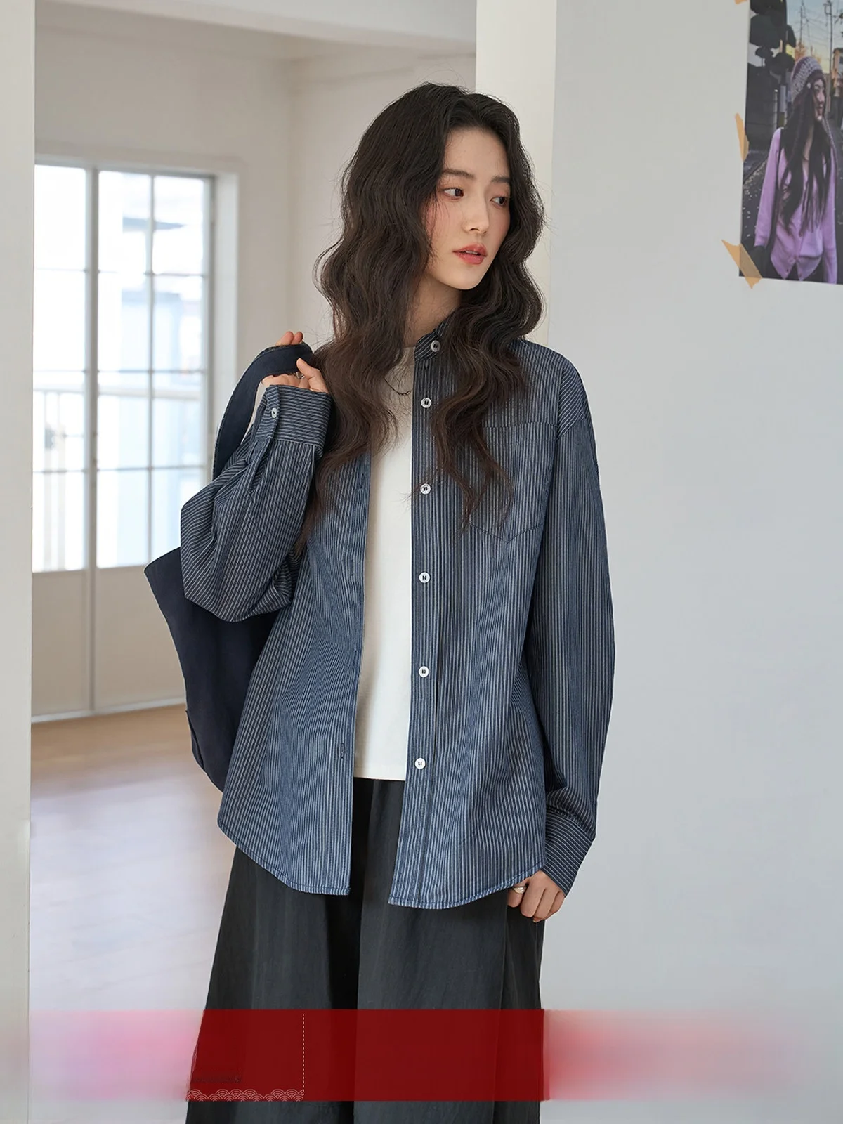 

Blue Vintage Striped Ne Long Sve irt Women's Loose Slimming Versatile irt Commute Sle Korean Version Cotton 00%