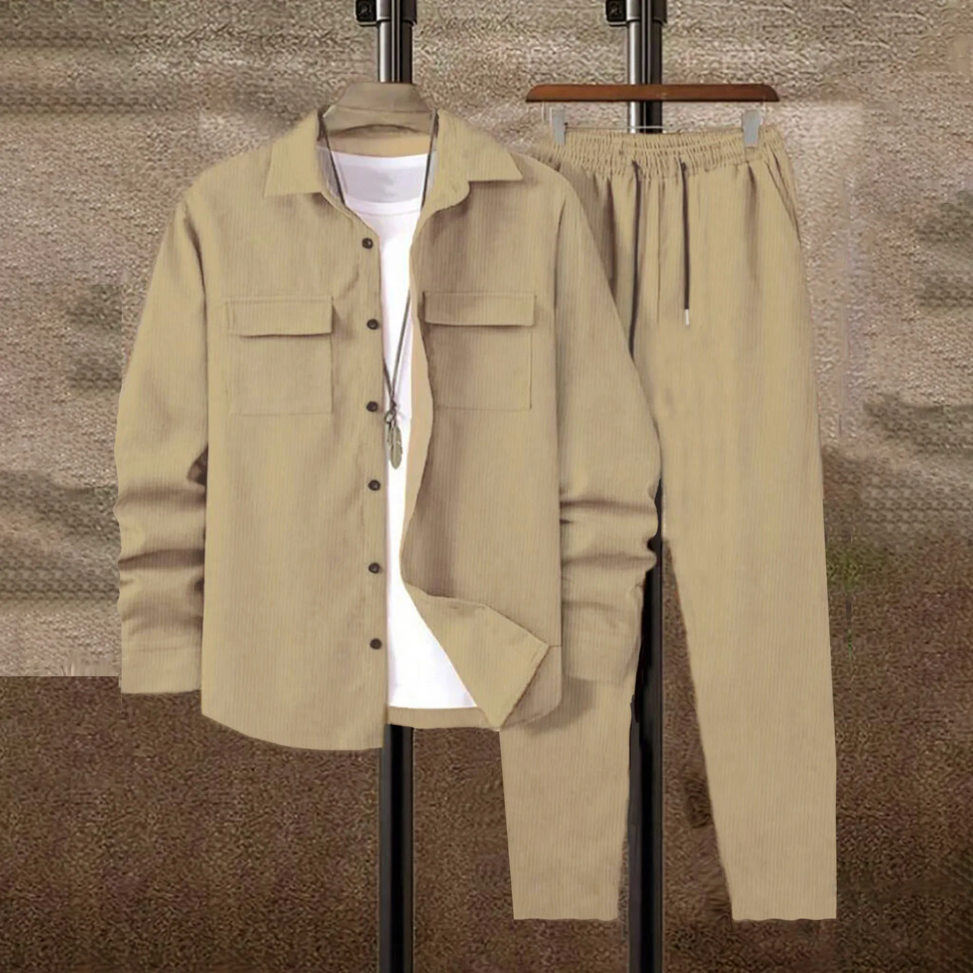 Trendy Mens Solid Corduroy Matching Set Drawstring Casual Outfit Handsome Street Style 2 Piece Suit Fashion Tracksuit
