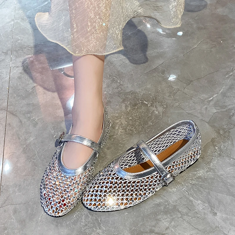 Luxury Crystal Rhinestone Fishnet Ballet Flats Woman Brand Design Rivet Studs Mesh Mary Jane Shoes Ladies Summer Cut Out Loafers