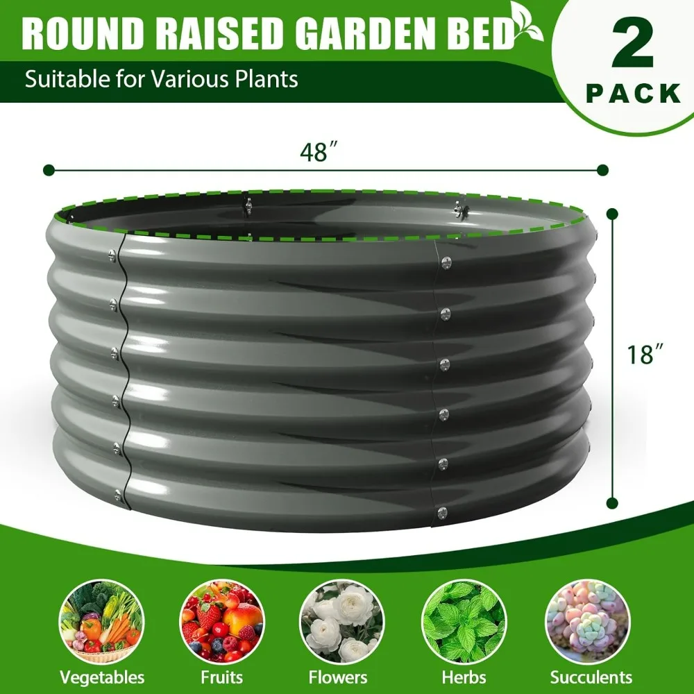 Round Metal Planter Box for Planting Vegetables Flowers Herb, 2-Pack 4ft x 18” Tall Galvanized Raised Garden Beds Outdoor