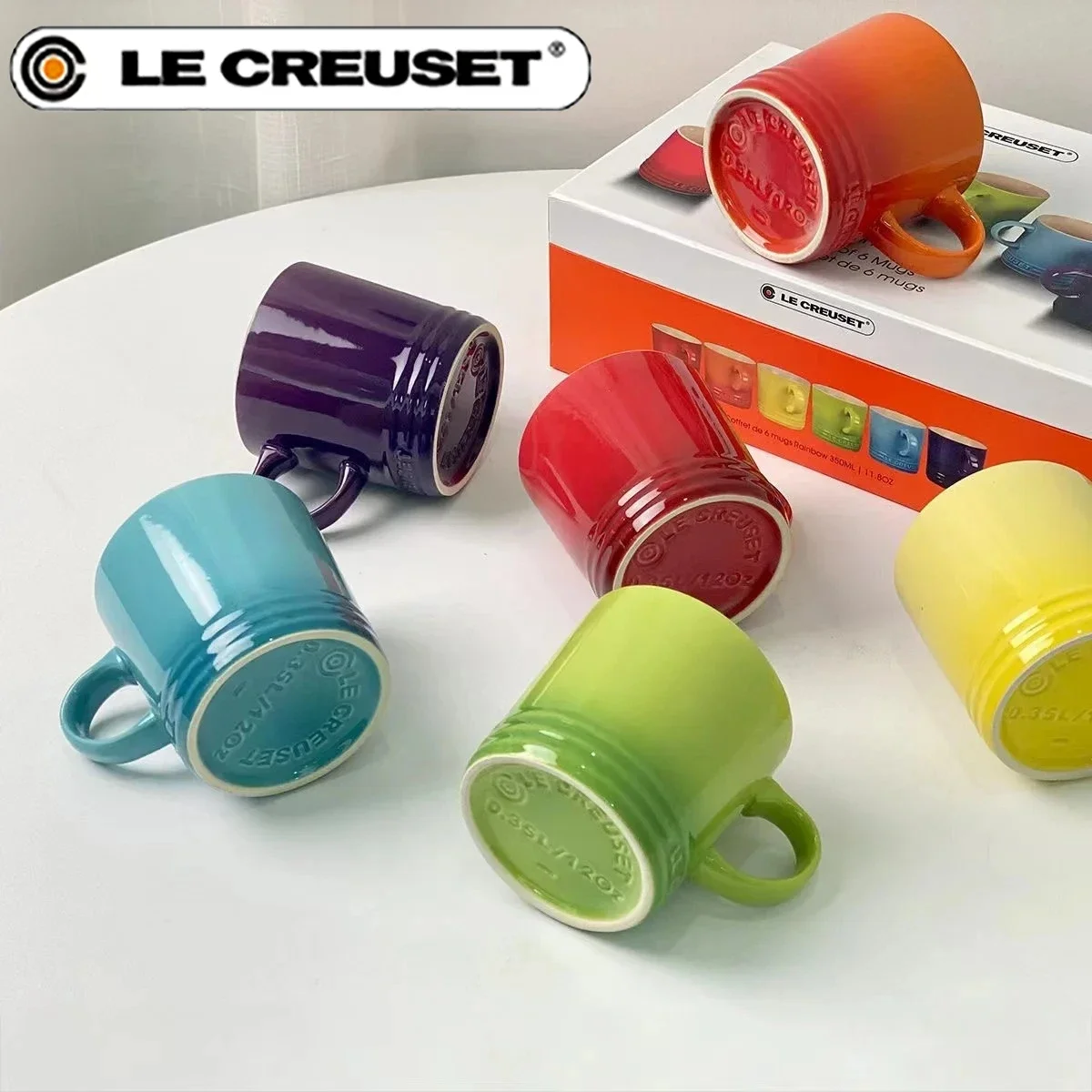 Le Creuset Vibrant Rainbow Stoneware Mugs Set of 6,350ml Ceramic Coffee Cups Stylish Drinkware For Home Party Brunch