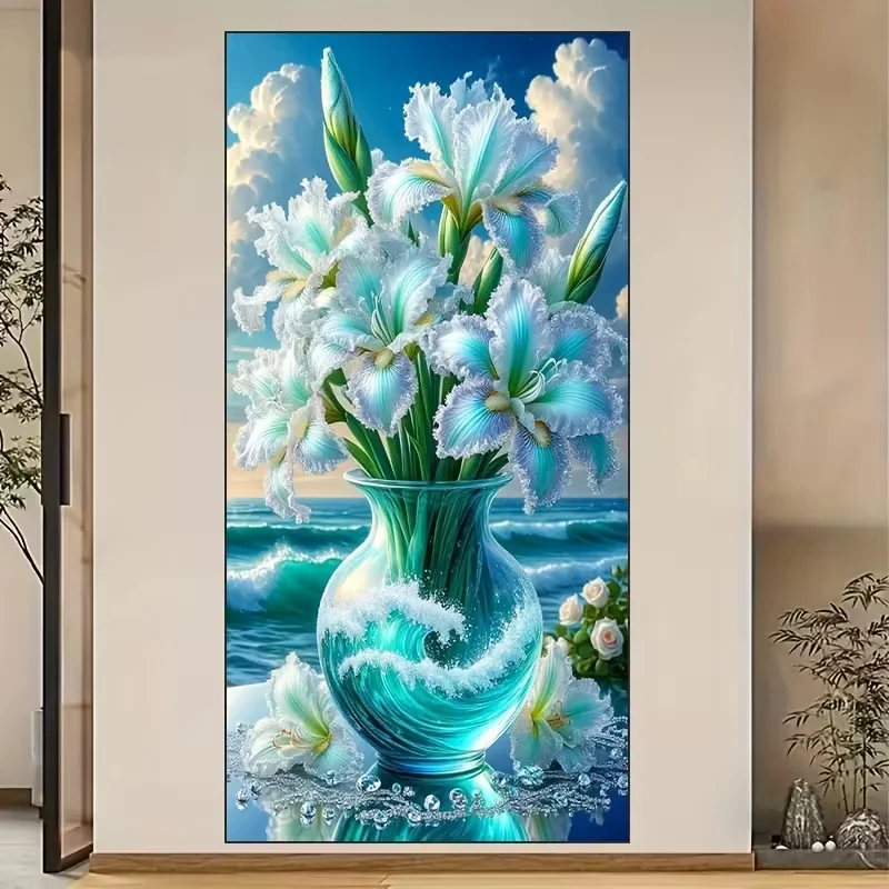 Sea Waves Green Lily Vase Still Life 5D Diy Diamond Painting Art Big Size New 2026 Diamond Mosaic Cross Stitch Kits Home Decor