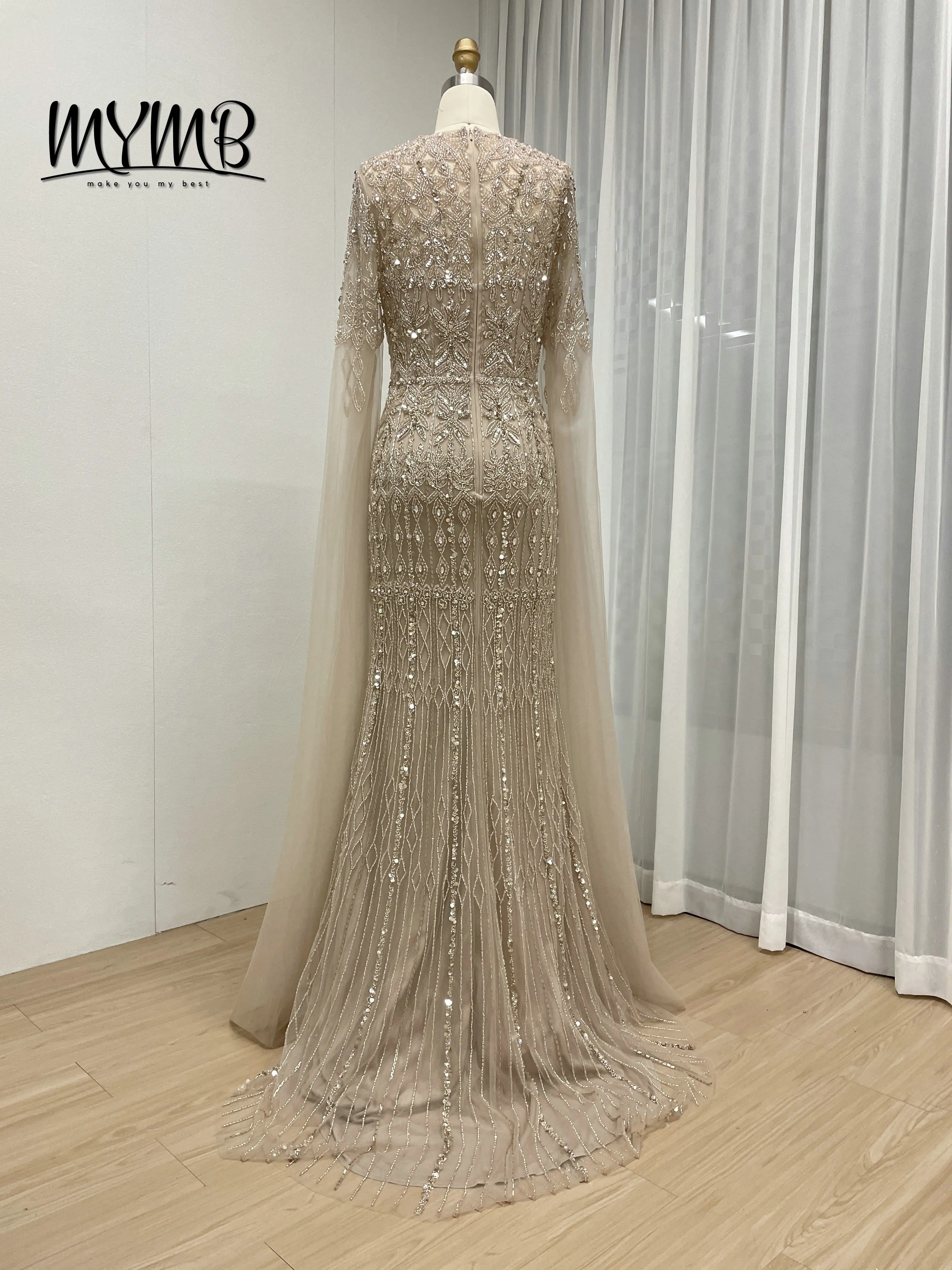 MYMB Luxe Formele Dubai Zeemeermin Arabische Elegante Avondjurk voor Vrouwen Blauwe Cape Mouwen Kralen Lang voor Bruiloft MC20103