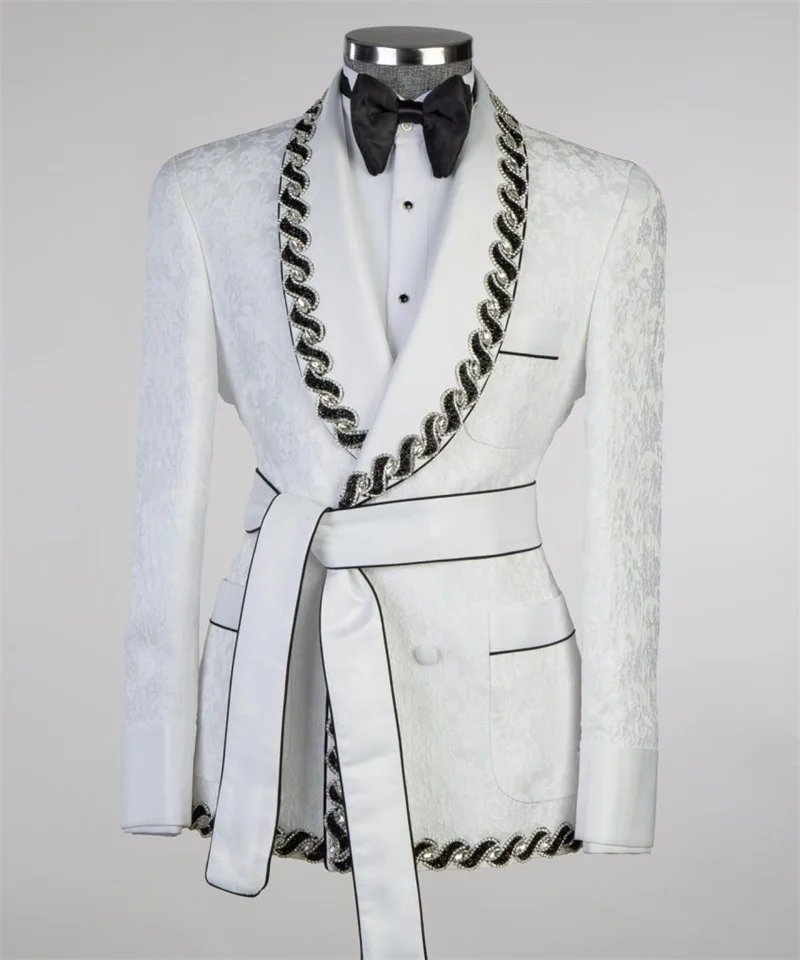 

White Jacquard Men Suits Set 2 Pcs Blazer+Black Pant Trousers Crystals Wedding Tuxedo Formal Office Groom Prom Jacket Coat